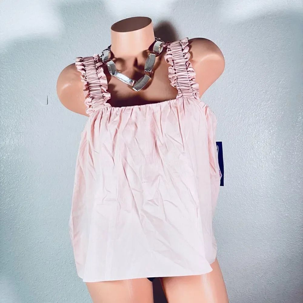 NWT Freshman L Pink Sleeveless Ruffle Strap Square Neck Blouse